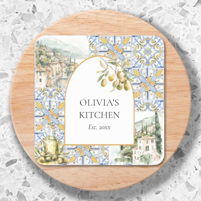 Olive Mediterranean Yellow Blue Tile Pattern Square Sticker (In situ)