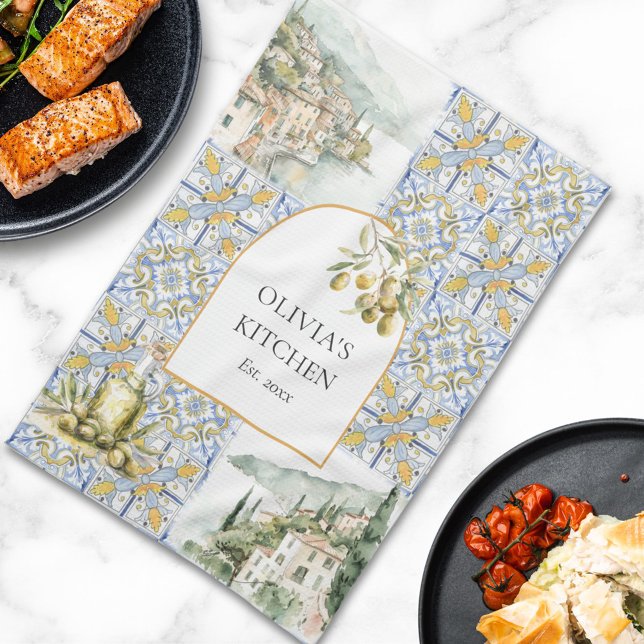 Olive Mediterranean Yellow Blue Tile Pattern Tea Towel (In situ)