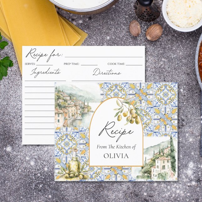 Olive Mediterranean Yellow Blue Tile Recipe Card (In situ)