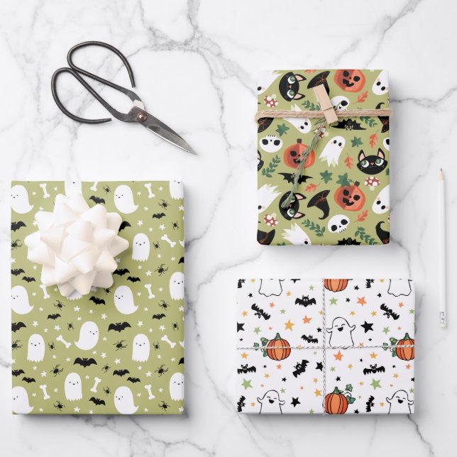 Olive Mixed Halloween Patterns Ghost Pumpkins Bats Wrapping Paper Sheet (Front)
