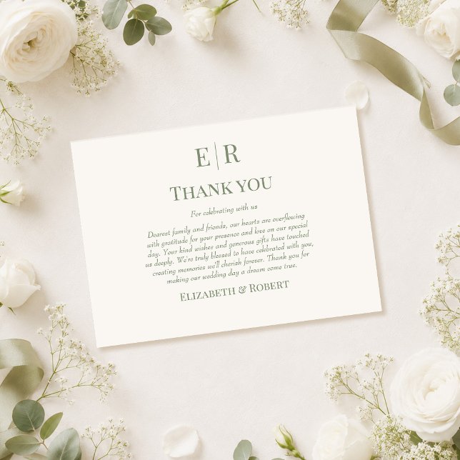 Olive Monogram Wedding Thank You Card (Olive Monogram Wedding Thank You Card on a table with white roses and wedding decor)
