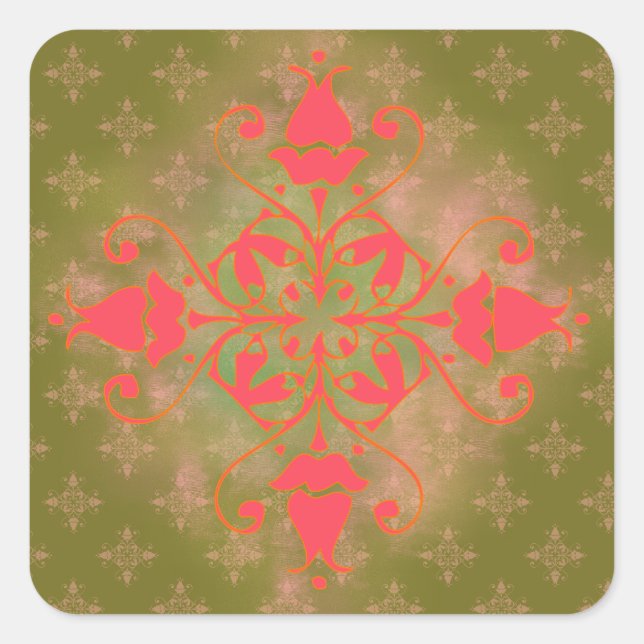 olive moss pink ornament floral background square sticker (Front)