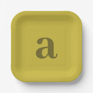 Olive Mustard Green Birthday Monogram Minimalist Paper Plate