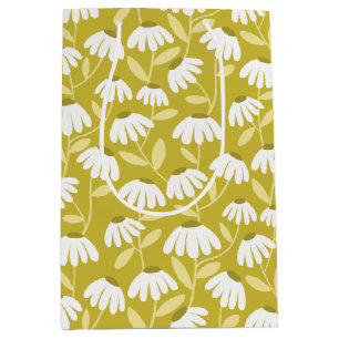 Olive Mustard Green Daisies Floral Pattern Medium Gift Bag