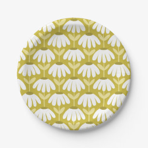 Olive Mustard Green Daisies Floral Pattern Paper Plate