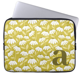 Olive Mustard Green Monogram Initial Daisy Floral Laptop Sleeve
