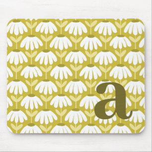 Olive Mustard Green Monogram Initial Daisy Floral Mouse Pad