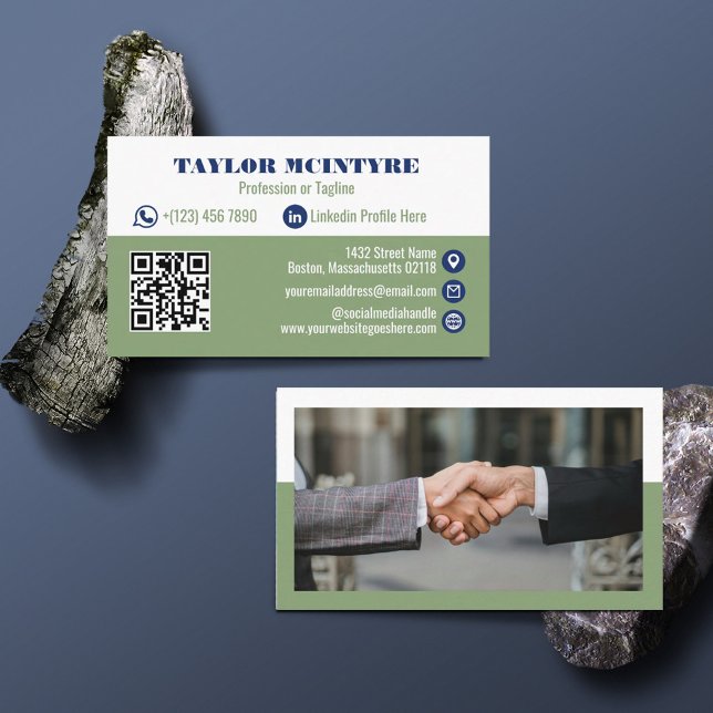 Olive & Navy Blue Professional Icons QR Code Business Card (Creator Uploaded)