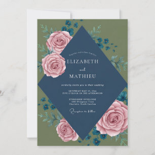 Olive Navy Peony Wedding Invitation