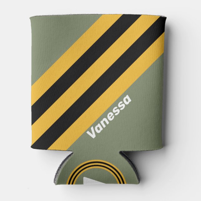Olive Nightlight Stripes with Name Can Cooler (Front)