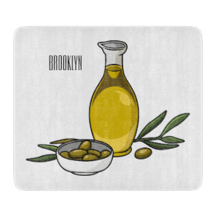 Olive oil cartoon illustration  cutting board