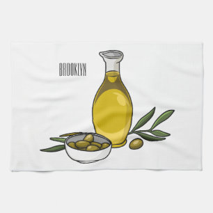 Olive oil cartoon illustration  tea towel