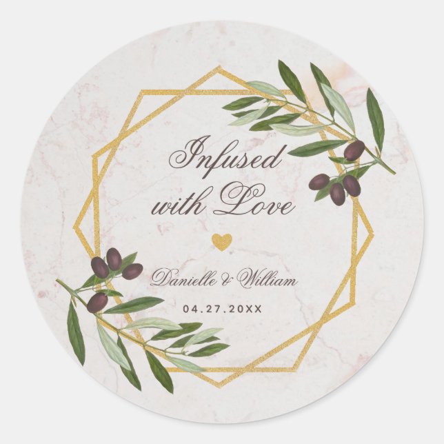Olive Oil Infused with Love Foliage Wedding Favour Classic Round Sticker (Front)