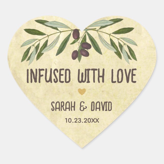 Olive Oil Rustic Wedding Heart Infused with Love Sticker (Front)