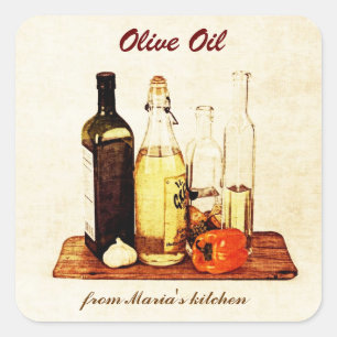 Olive oil - vegetable oil bottles with veggies square sticker