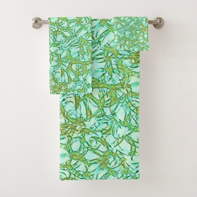 Olive on Mint Abstract Bath Towel Set (Insitu)