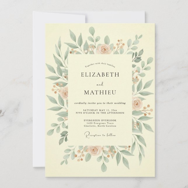 Olive Peach Foliage Eucalyptus Wedding Invitation (Front)