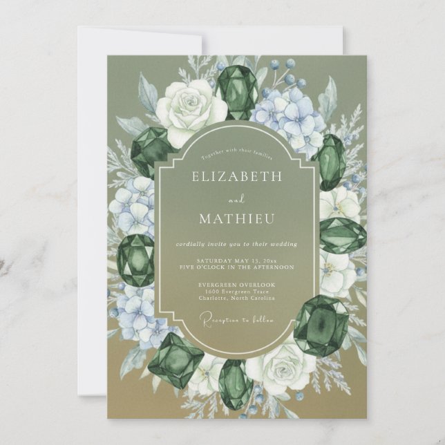 Olive Periwinkle Hydrangea Eucalyptus Wedding Invitation (Front)