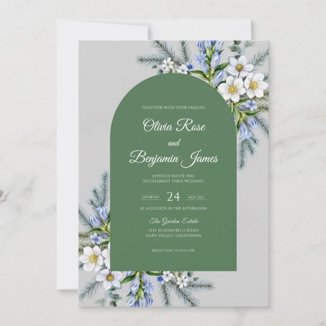 Olive Periwinkle Leafy Wedding Invitation (Front)