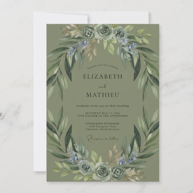 Olive Periwinkle Wreath Wedding Invitation (Front)