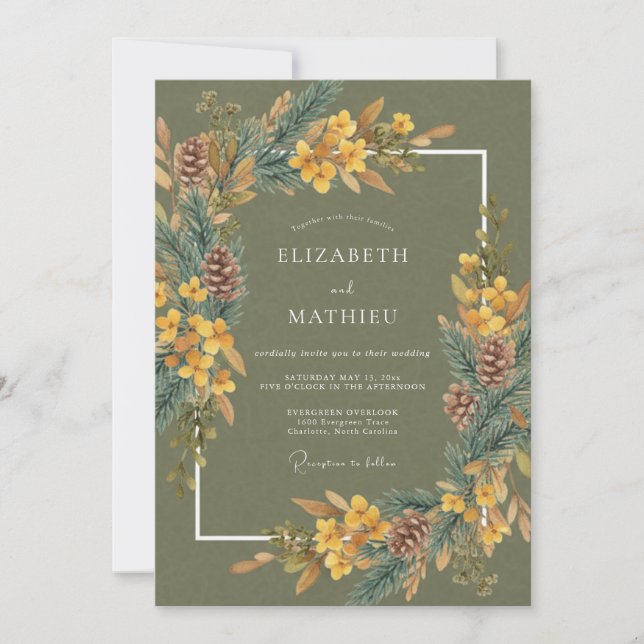 Olive Pinecone Woodland Wedding Invitation (Front)