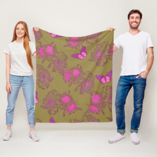 Olive Pink Butterfly Floral Fleece Blanket