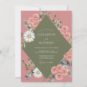Olive Pink Daisy Eucalyptus Wedding Invitation