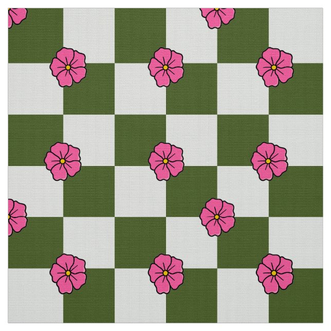 Olive Pink Floral Checkerboard Polyester Fabric (Swatch)