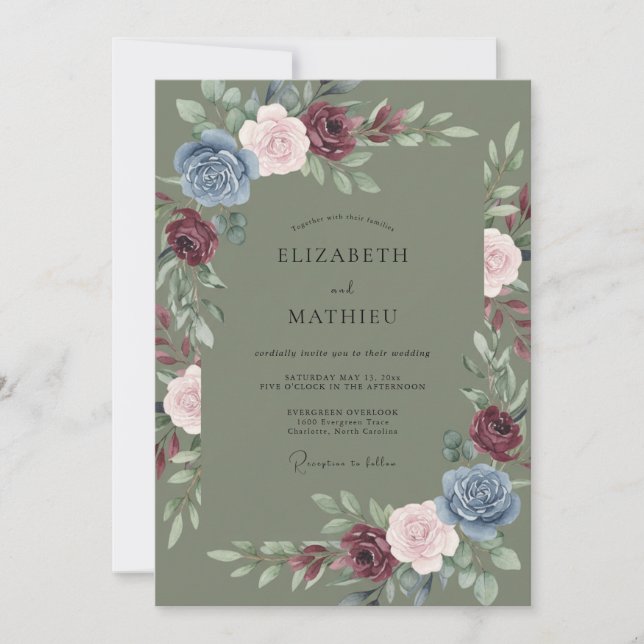 Olive Plum Peony Wedding Invitation (Front)