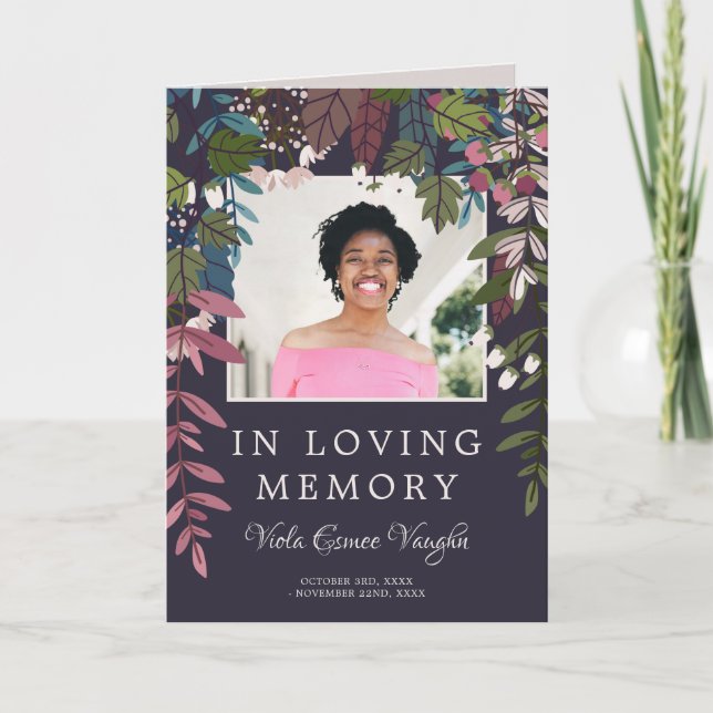 Olive Purple Greenery Photo Funeral Program Invitation (Front)