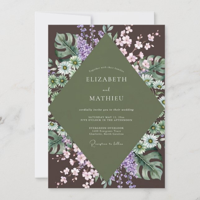 Olive Purple Monstera Eucalyptus Wedding Invitation (Front)
