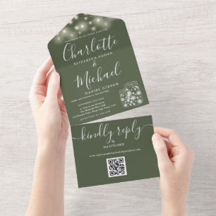 Olive QR Code Mason Jars String Light Wedding All In One Invitation