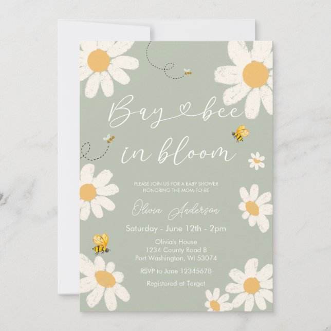 Olive Sage Daisy Retro Bay Bee Baby Shower  Invitation (Front)