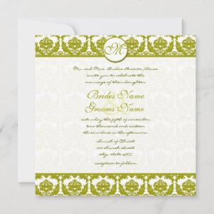 Olive Sage Green Floral Damask Monogram Invitation