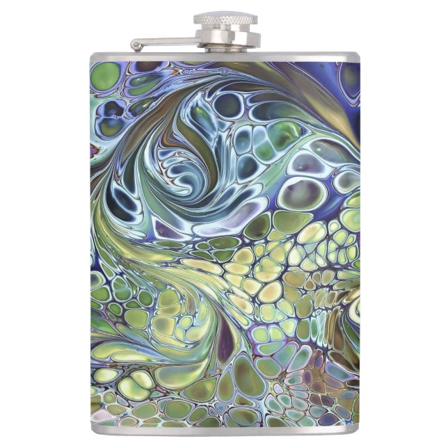 Olive sage green, purple blue burgundy abstract hip flask (Front)