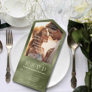 Olive Sage Green Shimmer Background QR Code Photo All In One Invitation
