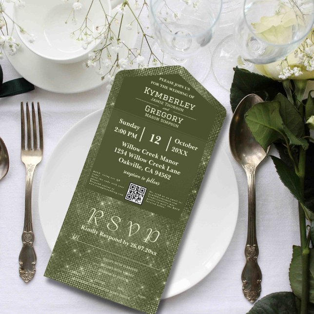 Olive Sage Green Shimmer Faux Burlap QR Code  All In One Invitation (Creator Uploaded)
