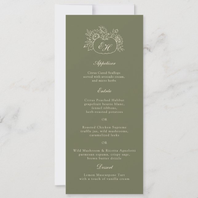 Olive Sage Monogram Wedding Menu Card (Front)