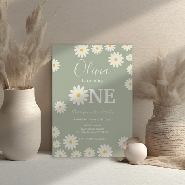 Olive Sage Retro Daisy Floral 1st Birthday Party  Invitation (Creator Uploaded)