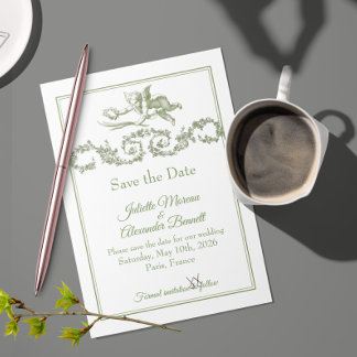 Olive Sage Toile de Jouy Cherub Save the Date Card