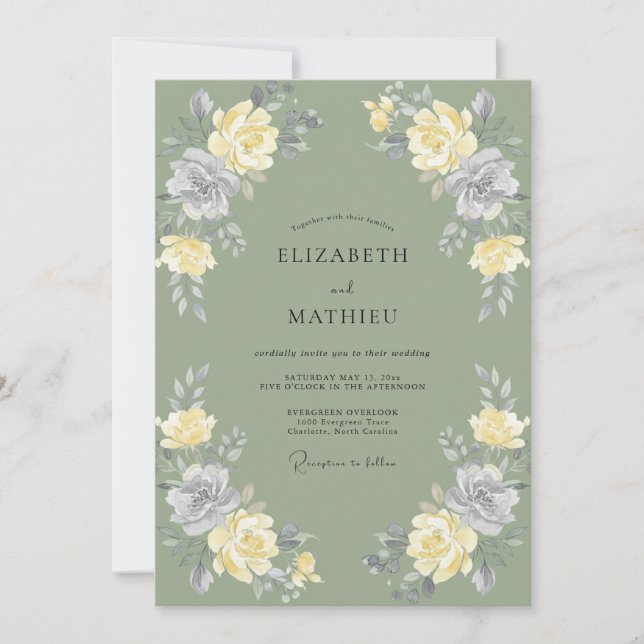 Olive Silver Peony Wedding Invitation (Front)