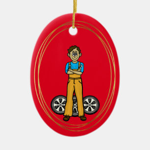 Olive Skin Male Mechanic Christmas Ornament +Name