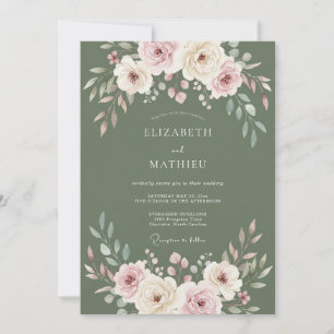 Olive Soft Blush Ranunculus Eucalyptus Wedding Invitation