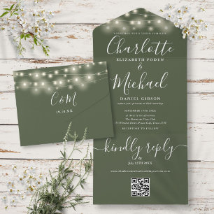 Olive String Lights QR Code Monogram Wedding  All In One Invitation