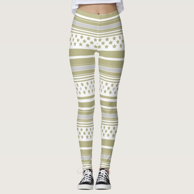 Olive striped pattern with stars leggings (Front)