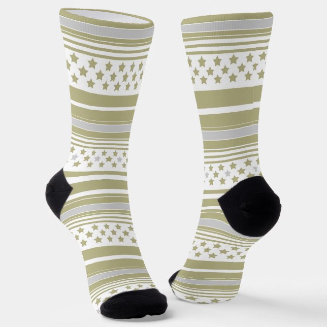 Olive striped pattern with stars socks (Angled)