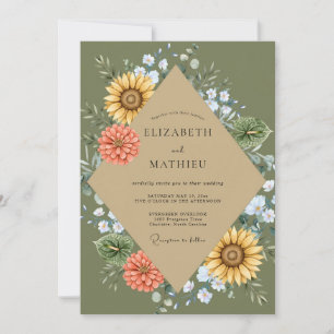 Olive Sunflower Zinnia Eucalyptus Wedding Invitation