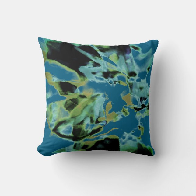 Olive Teal Black on Blue Abstract Floral Design Cushion (Front)