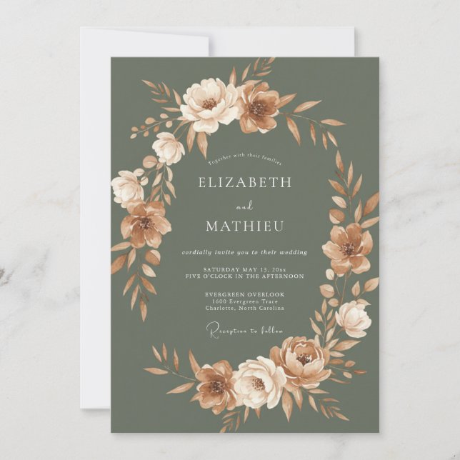 Olive Terracotta Wreath Wedding Invitation (Front)