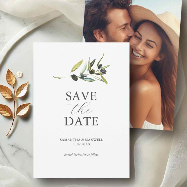Olive Theme Photo Wedding Save The Date (Photo save the date invitations simple watercolor olive branch by Victoria Grigaliunas)